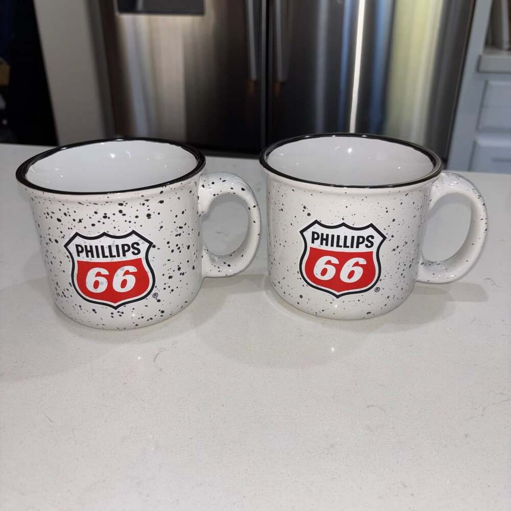 Phillips 66 Campfire Mug Set White Speckled Ceramic Coffee Cups